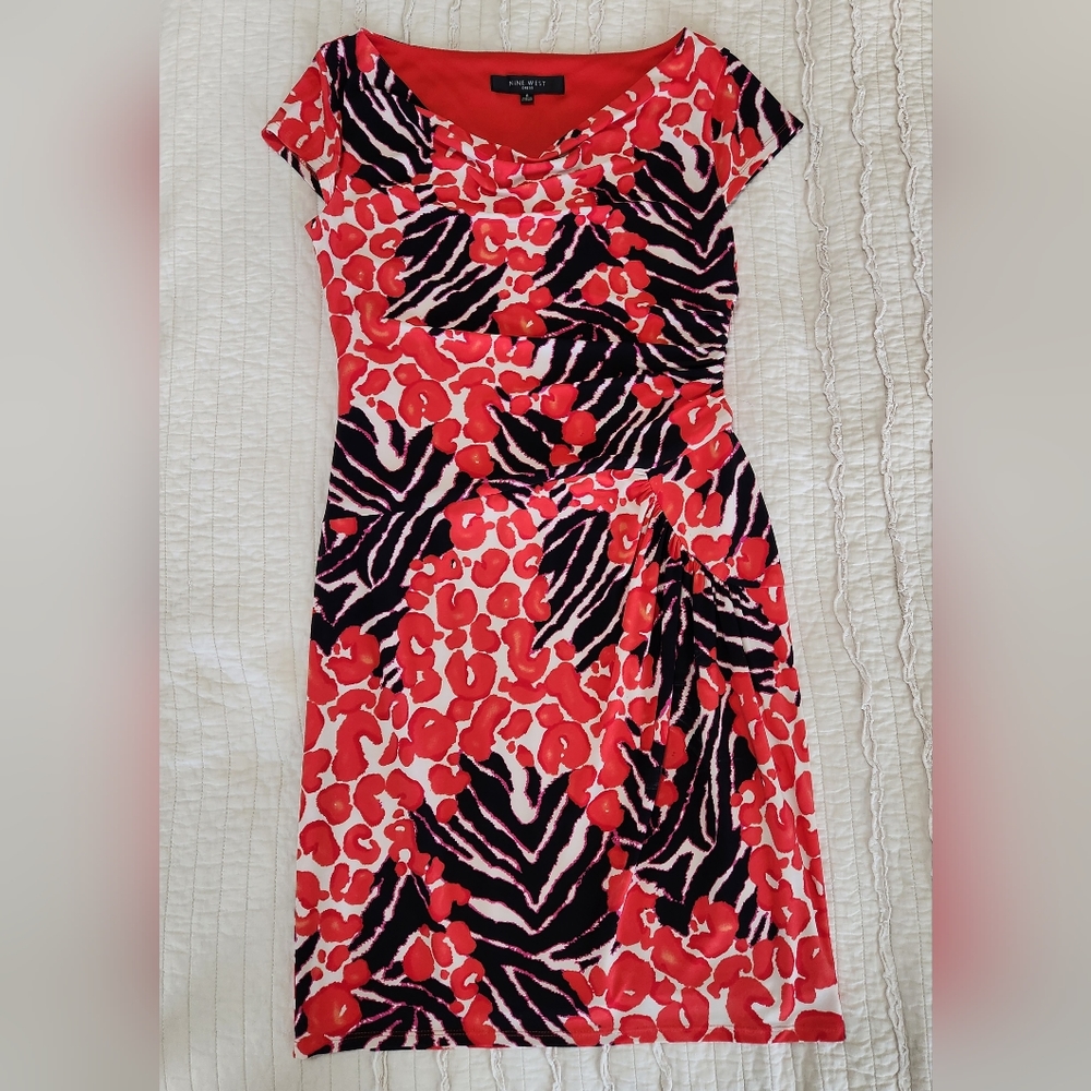 Nine West Women's Stretchy Sheath Dress Size 8 Animal Print  Red Black P…